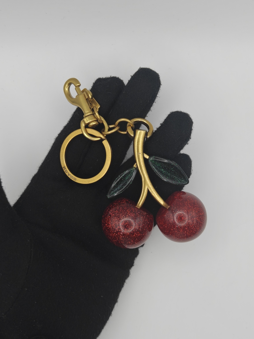 Gold-Tone Cherry Keychain with Red Glitter Cherries
